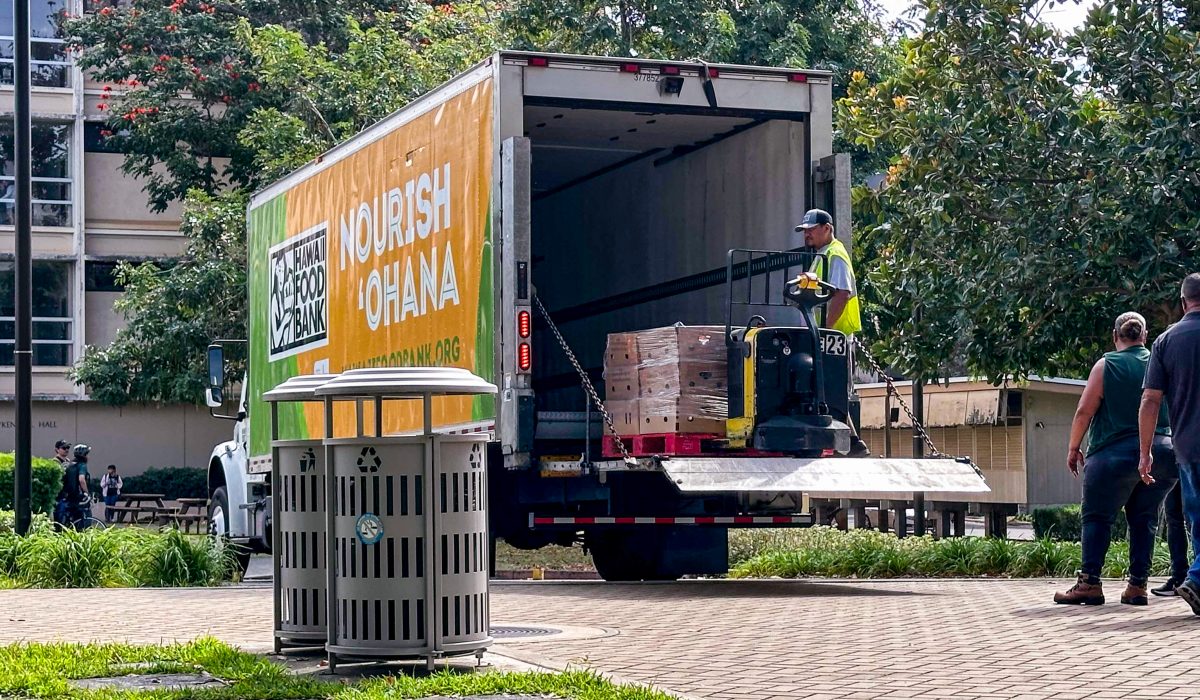 Volunteers on UH Manoa campus off loaded tons of food at Campus Center to give away to students at the UH Manoa Food Drive 

AD: Workers cooperated to unload food from the Hawaii Food Bank truck on a dolly