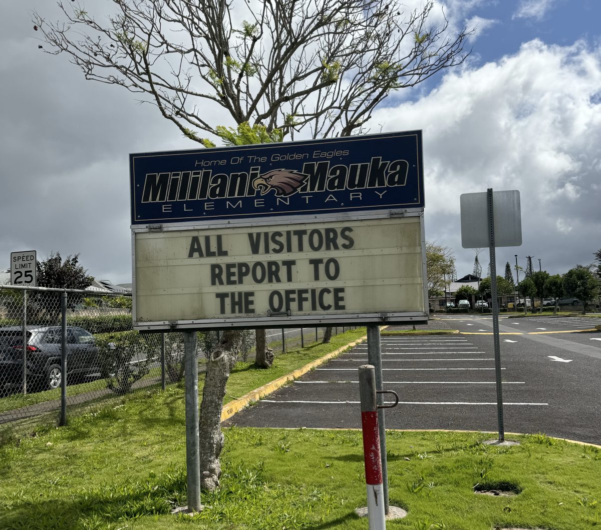 In another crime in the community, a Mililani Mauka Elementary student was allegedly chased on their way home.

AD: This photo is taken at Mililani Mauka Elementary School and primarily features the schools outdoor announcements sign. It is located in the entrance to the school parking lot. 