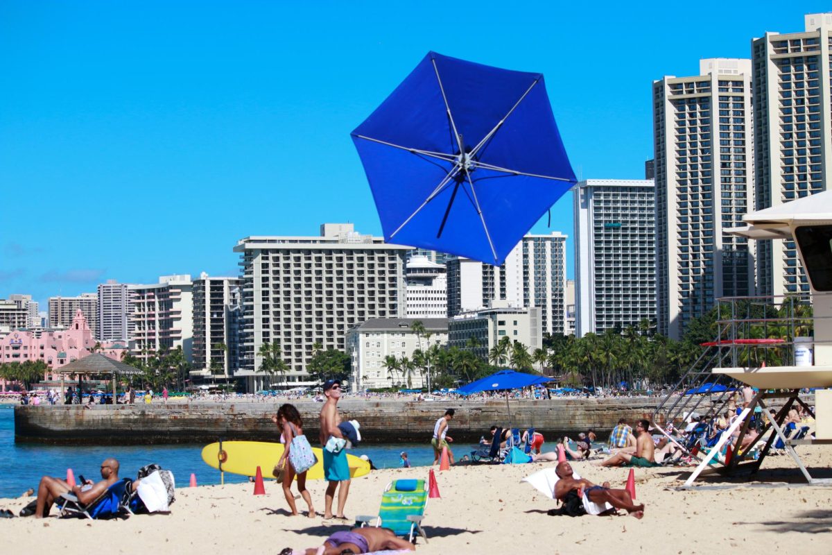 A fly-away umbrella hovers over Waikīkī.