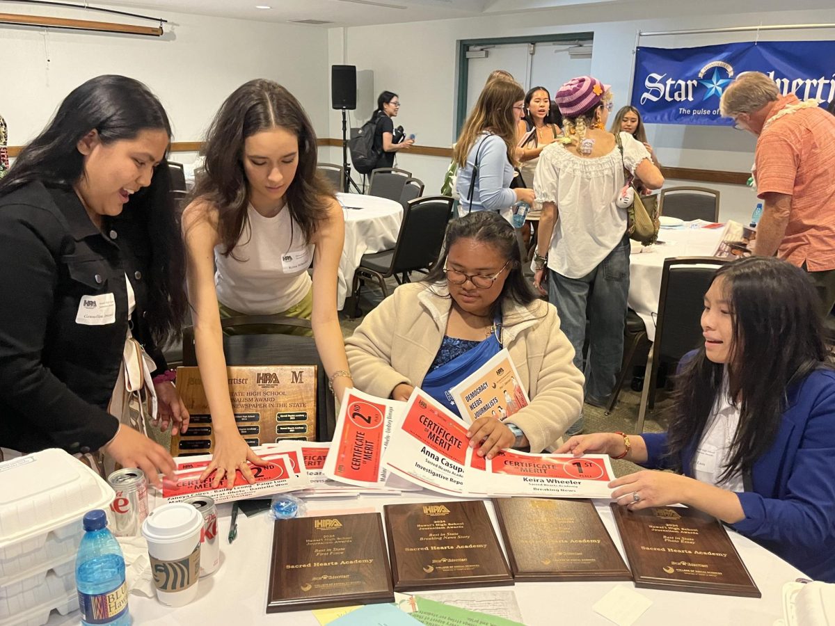 Sacred Hearts Academy student journalists swept the Hawaiʻi High School Journalism Association Awards with multiple awards highlighting their journalistic excellence in writing, photos and design. Left to right: Gennellea Amasol, Keira Wheeler, Chelstine Tavares and Paige Lum.