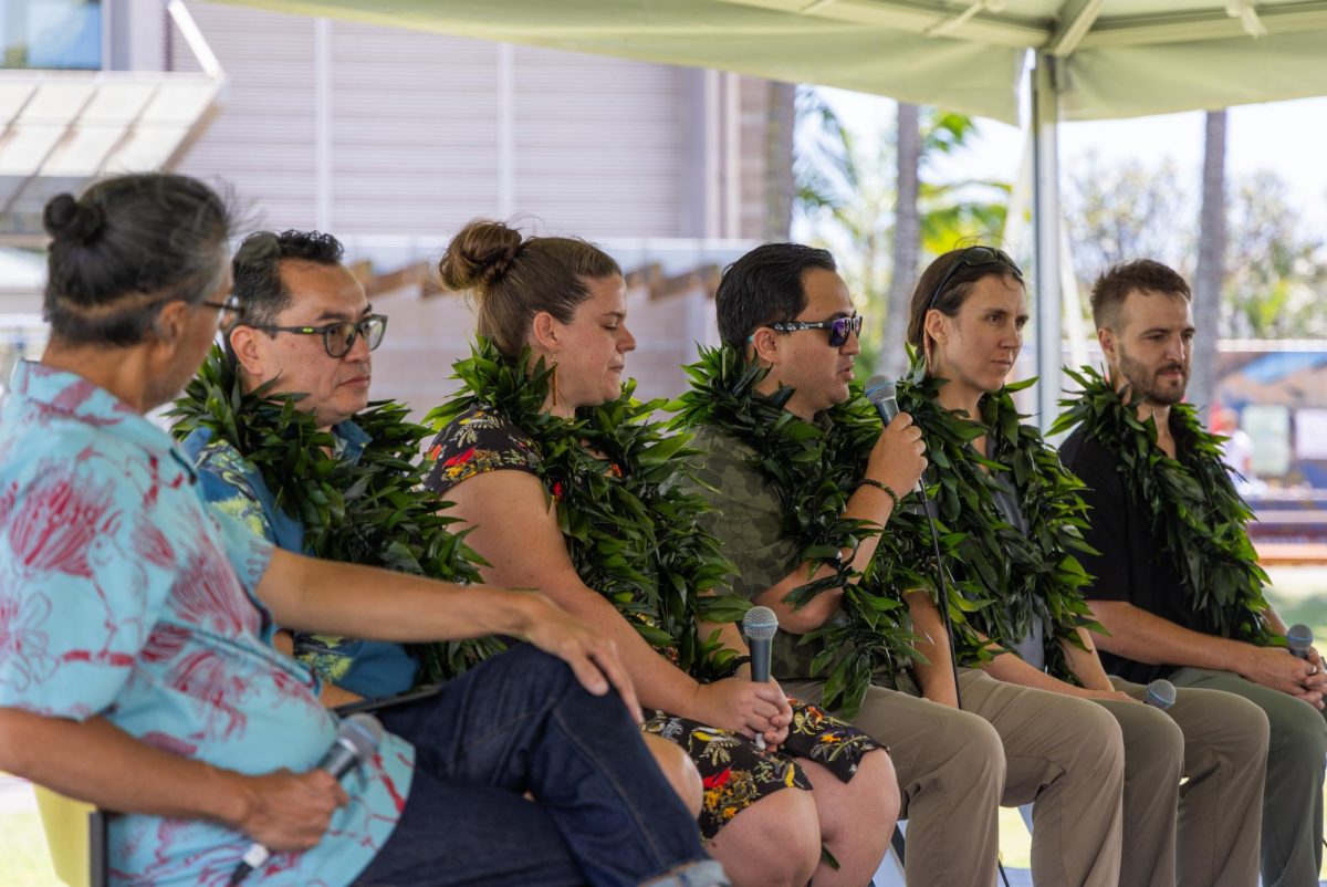 From left, moderator Ryan Sueoka spoke with panelists Kawika Lum-Nelmida, Rachel Kingsley, Ben Catcho, Lindsay Nietmann and Sam Case about endangered native bird species in Hawai‘i and their environmental impacts.
