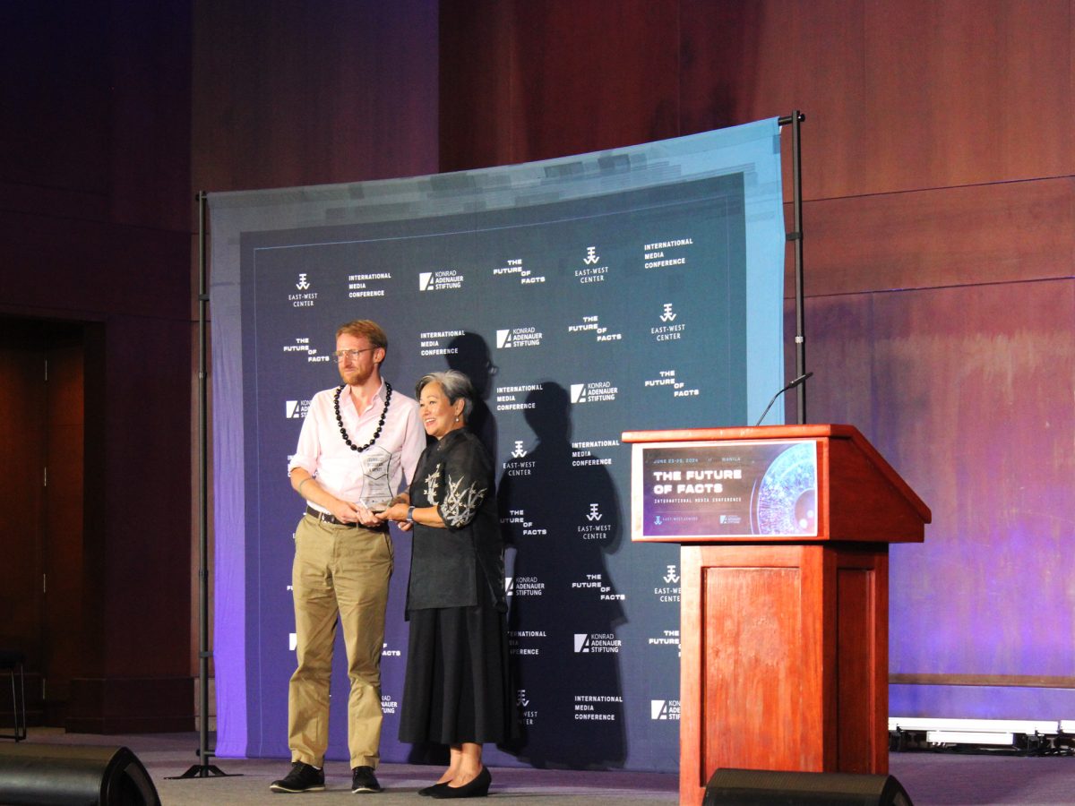 Tom Grundy, Founder and Editor of the Hong Kong Free Press Accepts his award