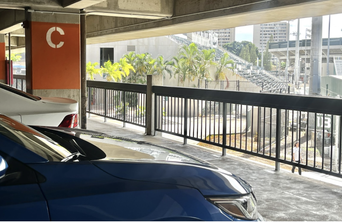 Cars are parked on the 2nd floor of the University of Hawaiʻi at Mānoaʻs parking structure, facing the Clarence T.C. Ching Athletics Complex.