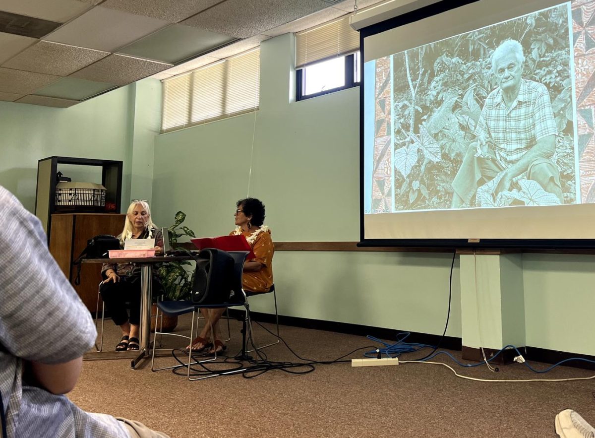 Victoria Nalani Kneubuhl (left) and Jackie Pualani Johnson giving their presentation on John Kneubuhl.