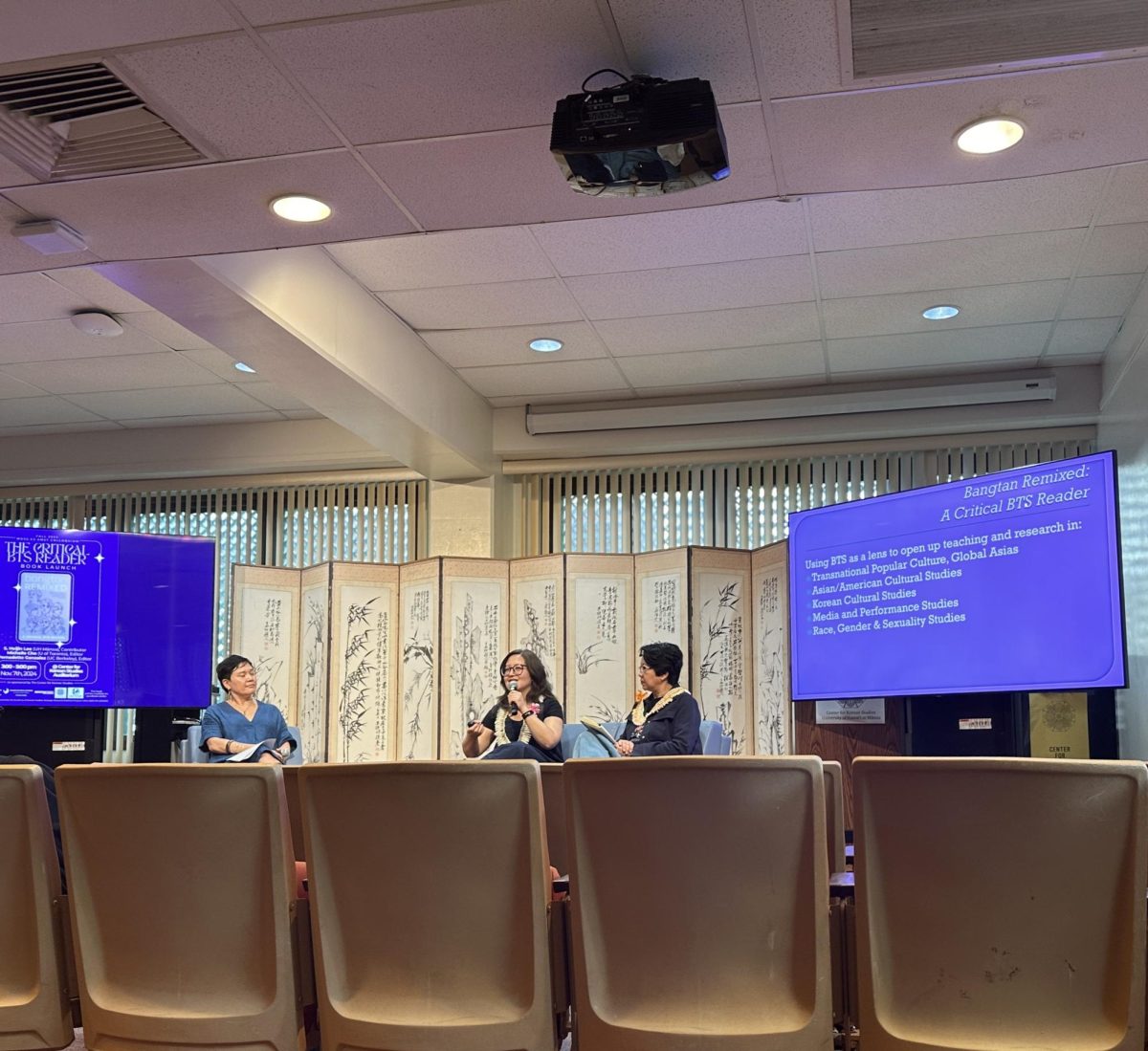 Dr. Heijin Lee, Dr. Michelle Cho, and Dr. Vernadette Gonzolaes at the “Bangtan Remixed: A Critical BTS Reader,” book launch at the Center for Korean Studies at UH Mānoa.