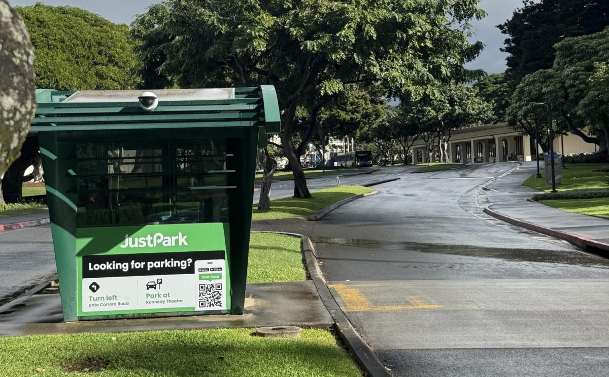 New signage for JustPark on old pay station along East West Road