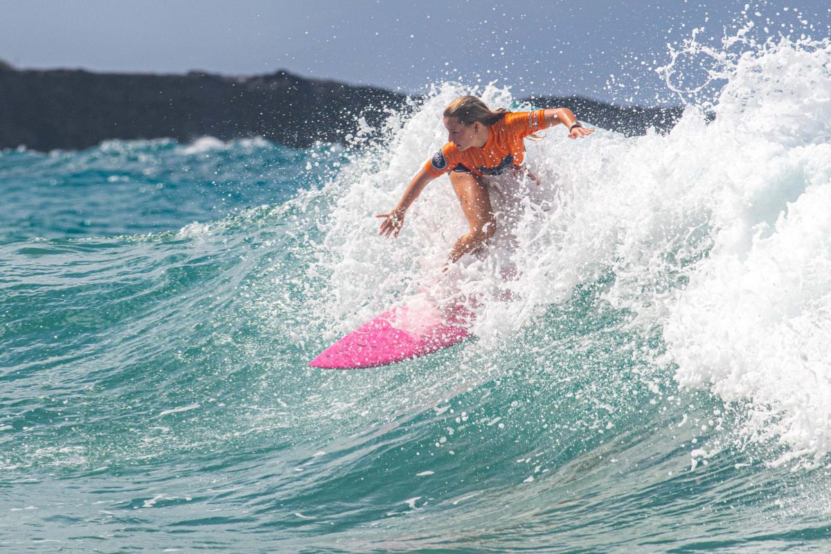 Maui Prep's Sloane Jucker surfs at an MIL surfing competition in March.