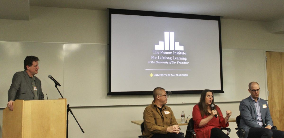 Brett Oppegaard moderates the “Harnessing AI innovations in newsrooms: What’s Working, What Isn’t, and What’s Coming Next" workshop with panelists Derrick Ho, Kat Rowlands, and Ryan Sabalow (left to right). 