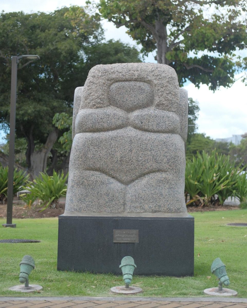 The Hina o Nalani sculpture stands over the pathway behind Campus Center.