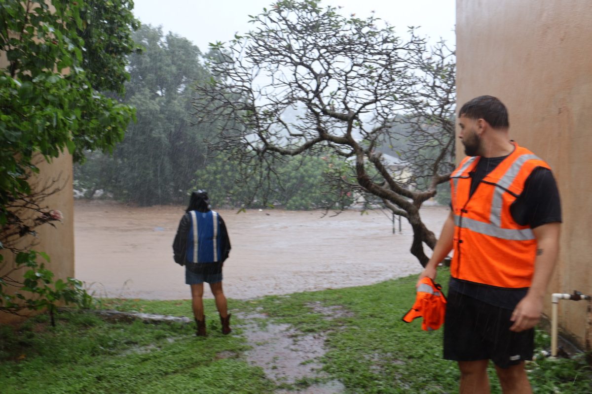 Staff guarding access to dorms at Hale Wainani in UH lower campus, Monday, March 23, 2026