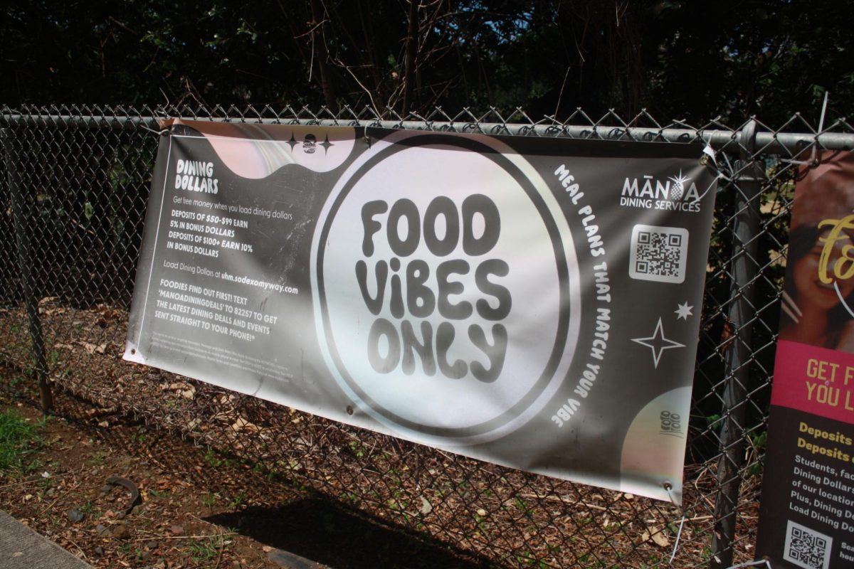 A sign on the walkway on UHM campus promotes meal plans through Mānoa Dining Services.