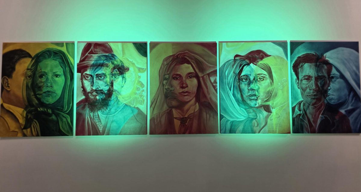 Single Pulse," by Malia Ohira. Five panels of layered immigrant portraits glow under ultraviolet light at the UH Mānoa Art Gallery.