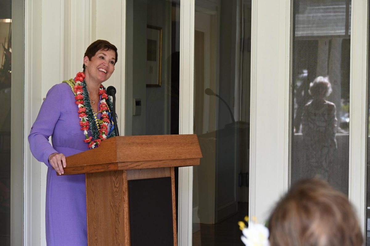 University of Hawaiʻi President Wendy Hensel addresses Mānoa Valley community leaders at a welcome reception hosted by Mālama Mānoa at College Hill.